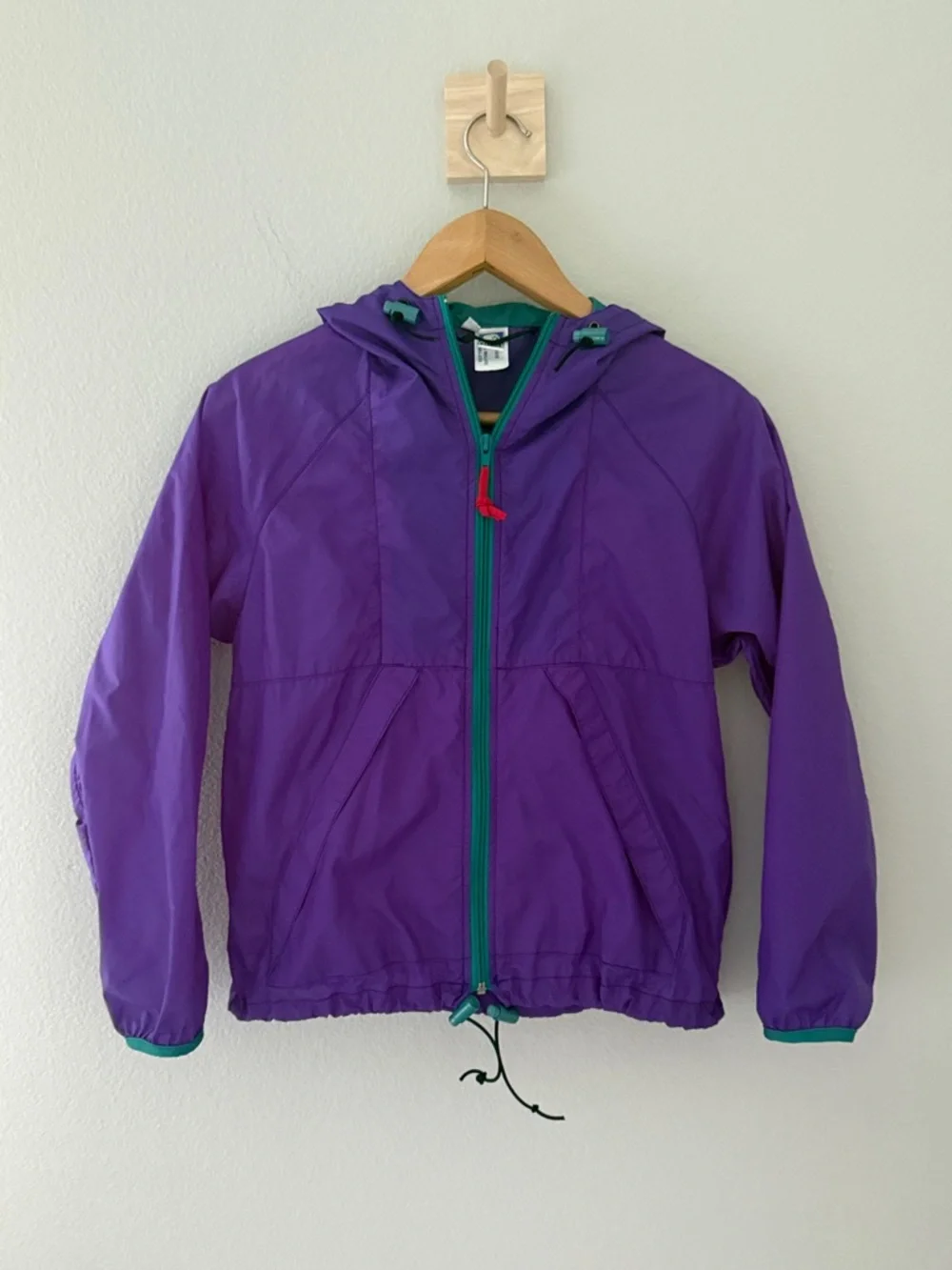 Vintage 90’s Purple Hooded Windbreaker with Teal Zipper Trim and Bungees Youth L
